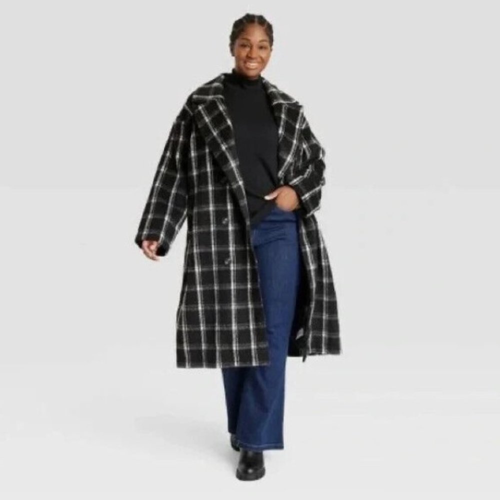 Ava & Viv™ - Double Breasted Black Plaid Overcoat
